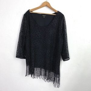 Melissa Paige Top Women Size 1X Black Metallic Fringe Asymmetrical Sparkle